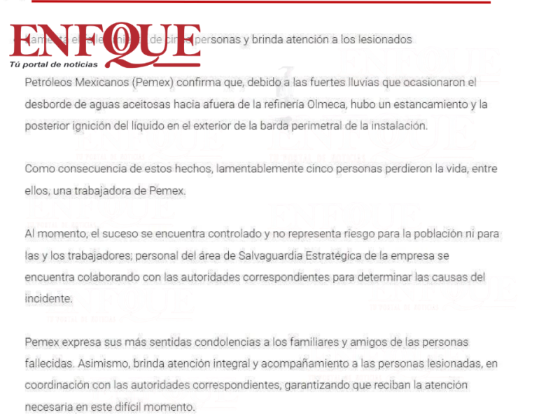 Tras incendio en refinería de Dos Bocas, Pemex informa la muerte de cinco personas