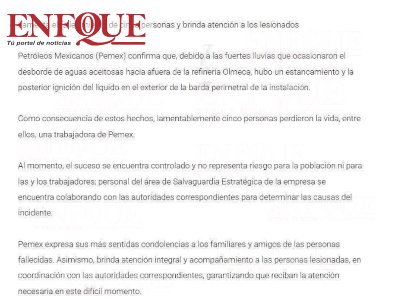 Tras incendio en refinería de Dos Bocas, Pemex informa la muerte de cinco personas